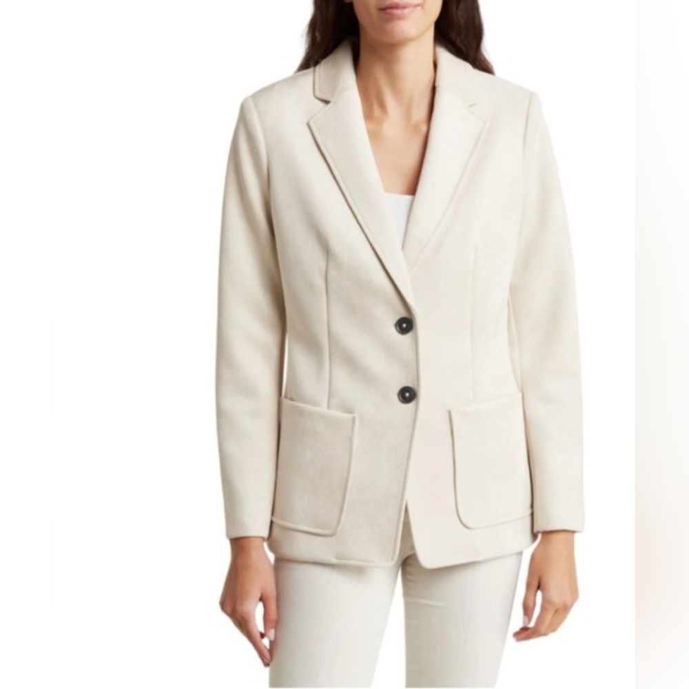 ELIE TAHARI sz 14 Jacket Lined Pockets 2 Buttons SOFT Faux Suede Cream